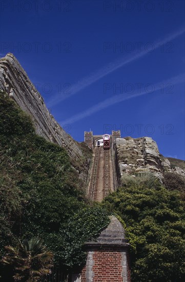 ENGLAND, East Sussex, Hastings, The East Hill Lift. View looking up at the steepest funicular railway in the United Kingdom.Takes passengers from sea level down near the old fishing quarter to the top of East Hill and the edge of Hastings Country Park
