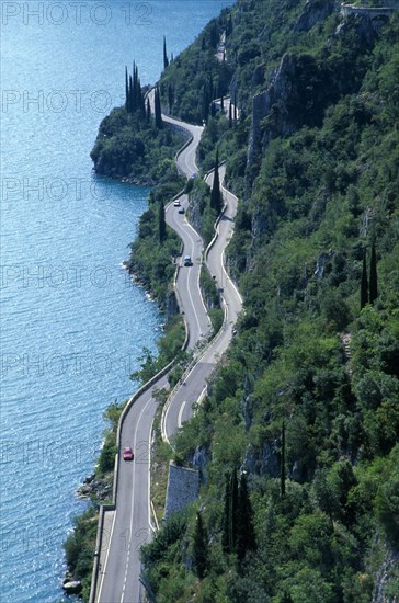 ITALY, Lombardy, Lake Garda Area, Aerial view over Gardesana Occidentale road beside Lake Garda near Limone.