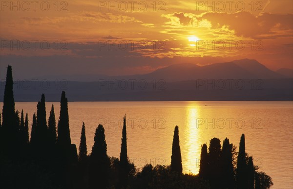 ITALY, Lombardy, Lake Garda , Sunset over Lake Garda from Punta San Vigilio with trees silhouetted against water reflecting orange sky.