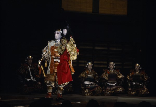 JAPAN, People, Children, A young boy actor or koyaku in the role of the child emperor Antoku in a kabuki play about the twelfth century Gempei war.  Child actors are normally the real or adopted sons of established company players and make their stage debut about the age of five.