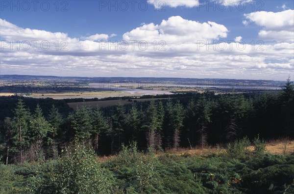ENGLAND, Gloucestershire, Forest of Dean, Landscape with coniferous plantation and bend in the River Seven beyond.