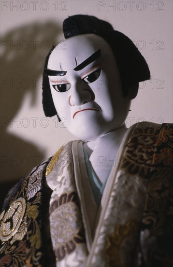 JAPAN, Arts, Performance, Detail of bunraku puppet male character.  Puppets are elaborate and expressive with moving features.