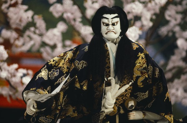 JAPAN, Arts, Performance, "Bunraku puppet male character portraying strong emotion with a series of poses or ‘kata’ accompanied by raised eyebrows, clenched fists and stamping feet."