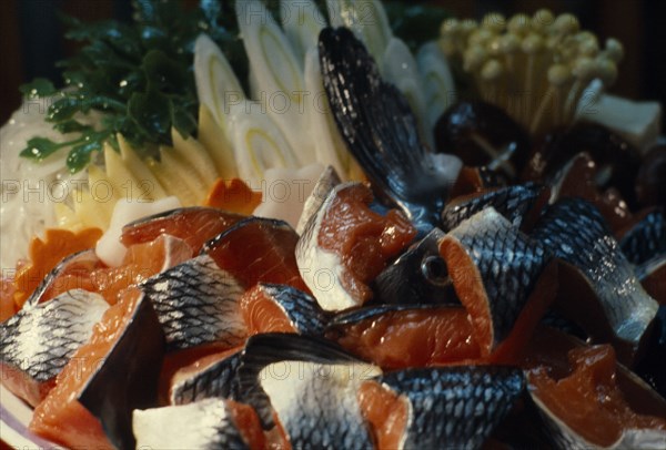 JAPAN, Markets, Food and Drink, Window display of plastic food including fish and mushrooms.