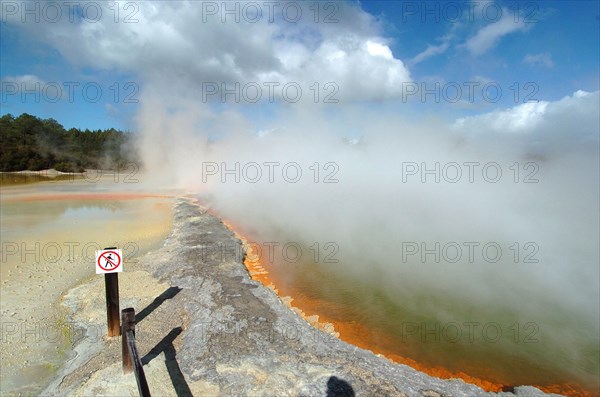 NEW ZEALAND, NORTH ISLAND, ROTORUA, THE CHAMPAGNE POOL OF WAI O TAPU THERMAL WONDERLAND.THE SPRING IS 65 METRES IN DIAMETER AND 62 METRES DEEP. THE POOL WAS FORMED 700 YEARS AGO BY A HYDROTHERMAL ERUPTION.VARIOUS MINERALS ARE DEPOSITED AROUND THE SURROUNDING SINTER LEDGE OF THE POOL PRODUCING MANY DIFFERENT COLOURS.