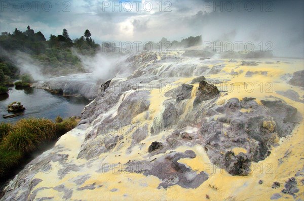 NEW ZEALAND, NORTH ISLAND, ROTORUA, BOILING SULPUROUS POOLS AT WHAKAREWAREWA THERMAL VILLAGE