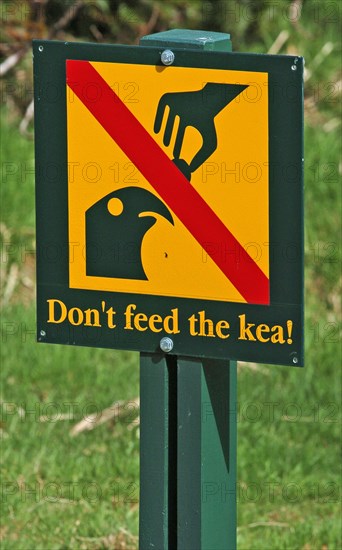 NEW ZEALAND, SOUTH ISLAND, FRANZ JOSEF, "A DO NOT FEED THE KEA PARROT SIGN AT THE FRANZ JOSEF GLACIER, WESTERN NATIONAL PARK, "