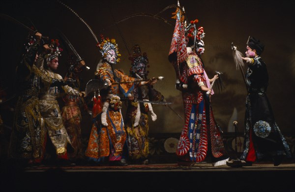 CHINA, Shanxi, Taiyuan, Performers in traditional Chinese opera banished during the Cultural Revolution.  This particular story has a military plot.