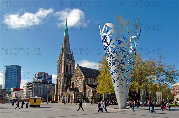 NEW ZEALAND, SOUTH ISLAND, CHRISTCHURCH, "CANTERBURY, INVERTED CONE MILLENNIUM SCULPTURE IN CHRISTCHURCHS CATHEDRAL SQUARE NEXT TO THE ANGLICAN CHRIST CHURCH."