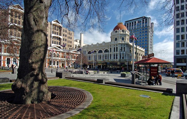 NEW ZEALAND, SOUTH ISLAND, CHRISTCHURCH, "CANTERBURY, TRAM STOP (RIGHT) AND GENERAL VIEW OF CATHEDRAL SQUARE "