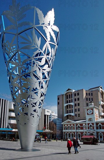 NEW ZEALAND, SOUTH ISLAND, CHRISTCHURCH, "CANTERBURY, INVERTED CONE MILLENNIUM SCULPTURE IN CATHEDRAL SQUARE."