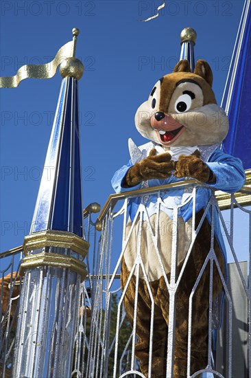 USA, Florida, Orlando, Walt Disney World Resort. Chipmunk character during the Disney Dreams Come True parade in the Magic Kingdom.
