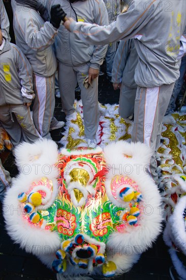 ENGLAND, London, Chinatown, Lion Dance troupe performing in Gerrard Street during Chinese New Year celebrations in 2006 for the coming Year of The Dog