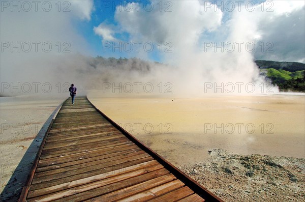 NEW ZEALAND, NORTH ISLAND, ROTORUA, THE CHAMPAGNE POOL OF WAI O TAPU THERMAL WONDERLAND.THE SPRING IS 65 METRES IN DIAMETER AND 62 METRES DEEP.THE POOL WAS FORMED 700 YEARS AGO BY A HYDROTHERMAL ERUPTION.VARIOUS MINERALS ARE DEPOSITED AROUND THE SURROUNDING SINTER LEDGE OF THE POOL PRODUCING MANY DIFFERENT COLOURS.