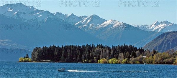 NEW ZEALAND, SOUTH ISLAND, WANAKA, "OTAGO, A SPEED BOAT CROSSES LAKE WANAKA PAST EELY POINT RECRATION RESERVE (WOODED AREA) WITH SOUTHERN ALPS IN THE DISTANCE."
