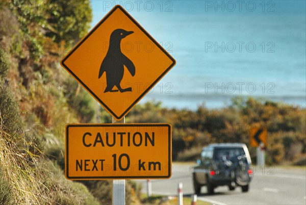 NEW ZEALAND, SOUTH ISLAND, PUNAKAIKI, BEWARE PENQUINS CROSSING ROAD WARNING SIGN ON THE WESTERN ROUTE 6 COAST ROAD NORTH OF PUNAKAIKI.