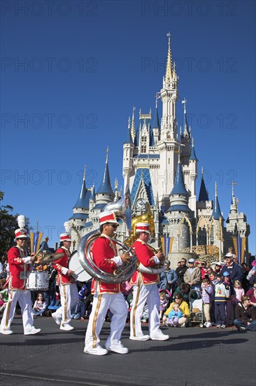 USA, Florida, Orlando, Walt Disney World Resort. Marching band during  Disney Dreams Come True Parade in the Magic Kingdom.