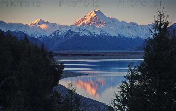 NEW ZEALAND, SOUTH ISLAND, WEST COAST, "MOUNT COOK NATIONAL PARK, VIEW OF NEW ZEALANDS HIGHEST MOUNTAIN MOUNT COOK (SUNLITE CENTRE) AND MOUNT HICKS (LEFT) WITH EVENING SUN ON THEIR WEST FACES WITH LAKE PUKAKI BELOW TAKEN FROM ROUTE 80 MOUNT COOK ROAD"