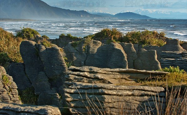 NEW ZEALAND, SOUTH ISLAND, PUNAKAIKI, "GEOLOGICAL FEATURED ROCKS CALLED THE PANCAKE ROCKS BLOWHOLES AT DOLOMITE POINT, PUNAKAIKI ON THE SOUTH ISLAND WEST COAST.THE ROCK HAS SPLIT INTO HORIZONTAL LAYERS TO RESEMBLE A TOWER OF PANCAKES."