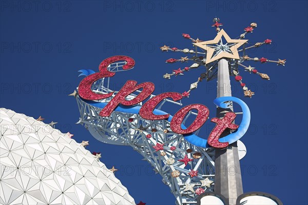 USA, Florida, Orlando, Walt Disney World Resort Epcot Center. Spaceship Earth with Epcot sign.