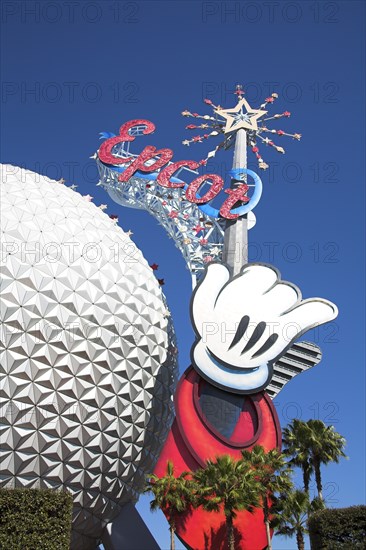 USA, Florida, Orlando, Walt Disney World Resort Epcot Center. Spaceship Earth with Epcot sign.