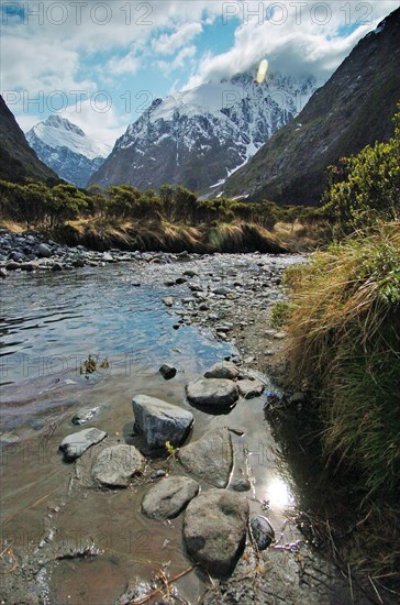 NEW ZEALAND, SOUTH ISLAND, FJORDLAND, "SOUTHLAND, A MOUNTAIN STREAM IN CASCADE CREEK OF NEW ZEALANDS FJORDLAND AREA."