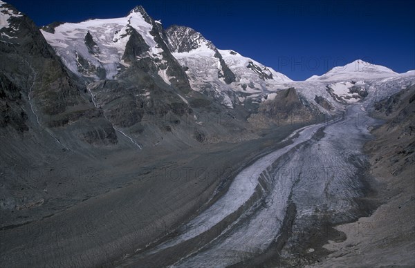 AUSTRIA, Hohe Tauern, High Tauern N. Park, "Pasterze Glacier and view towards Grossglockner, 3797 metres, in mountain range forming part of the Eastern Alps. Ice slope and snow covered mountain peaks."