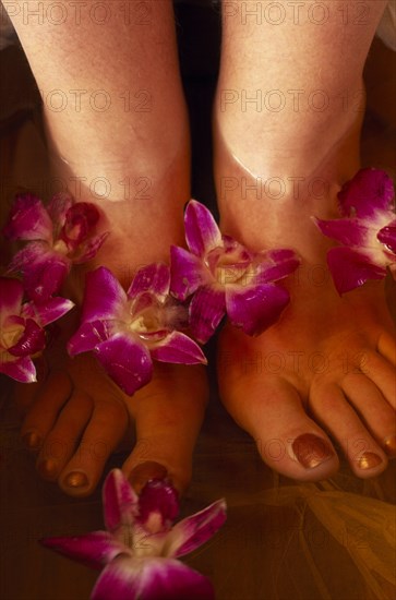 CHINA, Beijing, Bodhi Theraputic Retreat.  Close cropped shot of feet soaking in water scattered with orchid flowers.