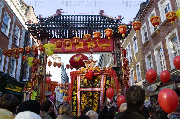 ENGLAND, London, Chinatown, Lion Dance troupe in Gerrard Street with their lions before performing through the area during Chinese New Year celebrations in 2006 for the coming Year of The Dog