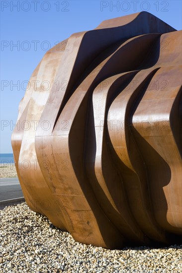 ENGLAND, West Sussex, Littlehampton, The rusted metal structure of the fish and seafood restaurant the East Beach Cafe designed by Thomas Heatherwick on the promenade