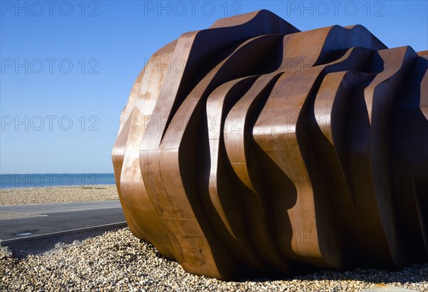 ENGLAND, West Sussex, Littlehampton, The rusted metal structure of the fish and seafood restaurant the East Beach Cafe designed by Thomas Heatherwick on the promenade