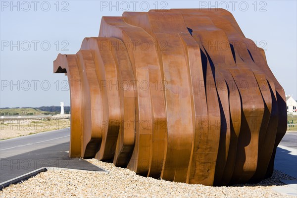 ENGLAND, West Sussex, Littlehampton, The rusted metal structure of the fish and seafood restaurant the East Beach Cafe designed by Thomas Heatherwick on the promenade