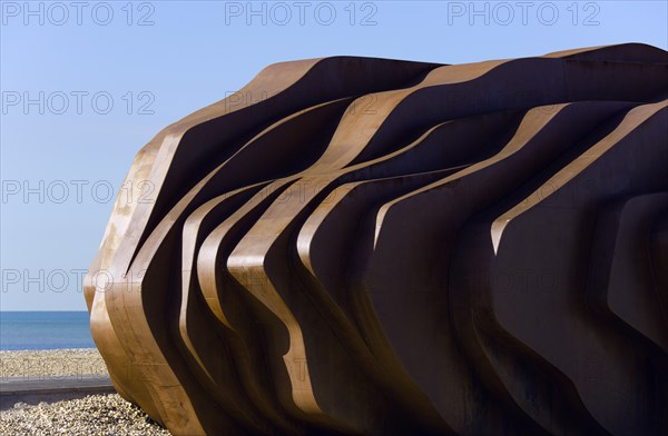 ENGLAND, West Sussex, Littlehampton, The rusted metal structure of the fish and seafood restaurant the East Beach Cafe designed by Thomas Heatherwick on the promenade