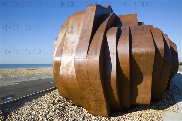 ENGLAND, West Sussex, Littlehampton, The rusted metal structure of the fish and seafood restaurant the East Beach Cafe designed by Thomas Heatherwick on the promenade