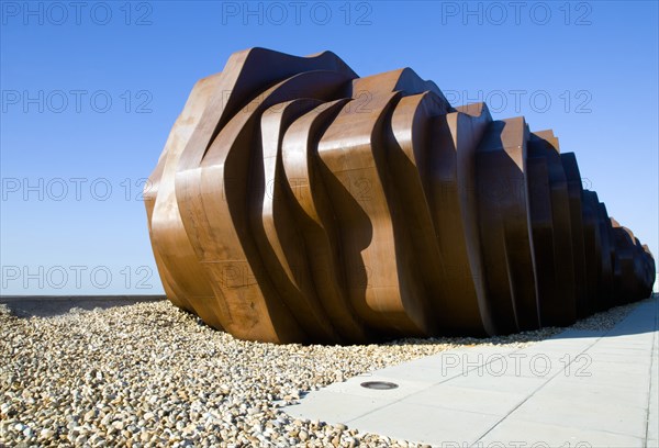 ENGLAND, West Sussex, Littlehampton, The rusted metal structure of the fish and seafood restaurant the East Beach Cafe designed by Thomas Heatherwick on the promenade