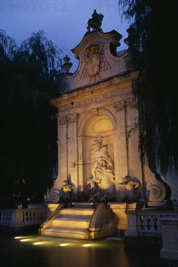 AUSTRIA, Salzburg, Kapitelplatz.  Kapitelschwemme 18th c. water trough for horses belonging to members of the archbishop’s household with statues of Neptune and horses.