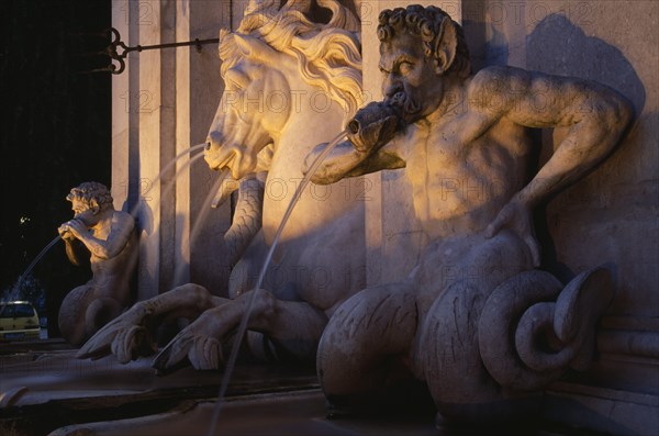 AUSTRIA, Salzburg, Kapitelplatz.  Kapitelschwemme 18th c. water trough for horses belonging to members of the archbishop’s household.  Detail of statues.