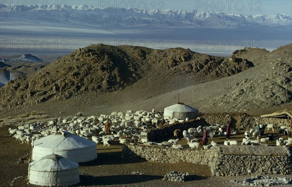 MONGOLIA, Gobi Desert, Khalkha winter sheep camp with three gers yurts and flock of sheep  part penned inside stone walled enclosure on steep  barren hillside overlooking desert valley and Altai mountains in distance. Khalha East Asia Asian Mongol Uls Mongolian Scenic