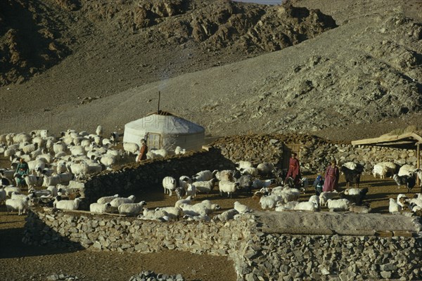 MONGOLIA, Gobi Desert, Khalkha winter sheep camp of gers yurts and flock of sheep  part penned inside stone walled enclosures on steep  barren hillside in mountain landscape. Khalha East Asia Asian Mongol Uls Mongolian Scenic