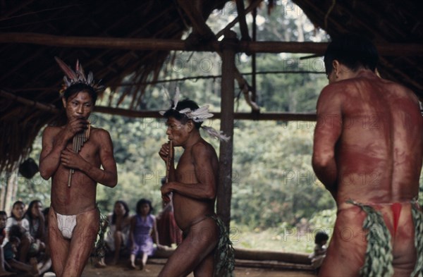 COLOMBIA, North West Amazon, Vaupes, Maku men taking part in dance and playing pan-pipes watched by others beneath palm-thatched shelter/home.  With body paint wearing macaw feather crowns. indigenous tribe indian nomadic American Colombian Columbia Hispanic Indegent Latin America Latino Male Man Guy Performance South America Vaupes