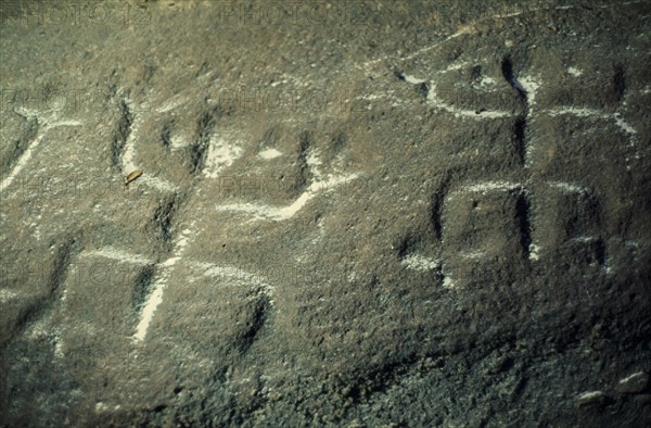 COLOMBIA, North West Amazon, Tukano Indigenous People, "Barasana.  Detail of rock engravings depicting ancient dancing animal spirits, in old red sandstone strata et edge of rio Piraparana. Tukano sedentary tribe North Western Amazonia American Colombian Columbia Hispanic History Indegent Latin America Latino South America Tukano"