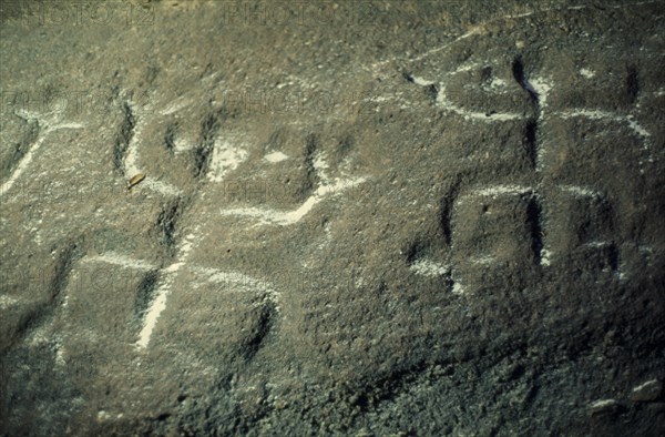 COLOMBIA, North West Amazon, Tukano Indigenous People, "Barasana. Detail of rock engravings depicting ancient dancing animal spirits, in old red sandstone strata et edge of rio Piraparana. Tukano sedentary tribe North Western Amazonia American Colombian Columbia Hispanic History Indegent Latin America Latino South America Tukano"