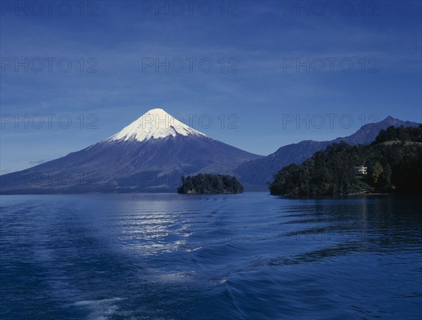 CHILE, Las lagos, Puerto Montt, Snow capped Osorno Volcano peak seen from across lake
