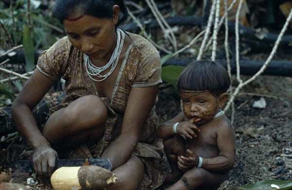 COLOMBIA, North West Amazon, Tukano Indigenous People, Barasana woman peeling manioc roots with small child sitting on ground beside her with painted face and wearing white glass bead necklace and bracelets. Tukano sedentary Indian tribe North Western Amazonia American Children Colombian Columbia Female Women Girl Lady Hispanic Indegent Kids Latin America Latino South America Tukano Female Woman Girl Lady