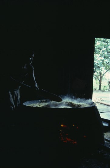 COLOMBIA, North West Amazon, Tukano Indigenous People, Barasana woman making casabe bread from peeled and grated manioc cooked on large circular shallow clay oven over wood fire enclosed by clay  oven wall.  Tukano sedentary Indian tribe North Western Amazonia cassava American Colombian Columbia Female Women Girl Lady Hispanic Indegent Latin America Latino South America Tukano Female Woman Girl Lady One individual Solo Lone Solitary