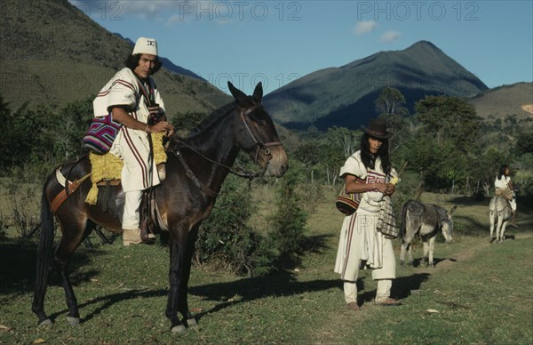 COLOMBIA, Sierra Nevada de Santa Marta, Ika, Ika leader Vicente Villafana on mule outside the Ika administrative centre of Nabusimake  another man at his side  both men in traditional dress of woven wool&cotton mantas cloaks  mochilas shoulder bags  Vicente wears woven fique cactus fibre helmet; man on donkey ahead. Arhuaco Aruaco indigenous tribe American Colombian Colombia Hispanic Indegent Latin America Latino Male Men Guy Scenic South America  Arhuaco Aruaco indigenous tribe American Colombian Columbia Hispanic Indegent Latin America Latino Male Men Guy Scenic South America Male Man Guy Center Classic Classical Fiber Historical Older