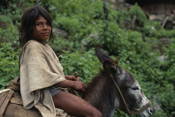 COLOMBIA, Sierra Nevada de Santa Marta, Ika, Ika boy in traditional woven wool&cotton manta cloak rides his donkey into the Sierra. Arhuaco Aruaco indigenous tribe American Colombian Colombia Hispanic Indegent Kids Latin America Latino South America  Arhuaco Aruaco indigenous tribe American Colombian Columbia Hispanic Indegent Kids Latin America Latino South America Immature One individual Solo Lone Solitary 1 Classic Classical Historical Older Single unitary Young Unripe Unripened Green