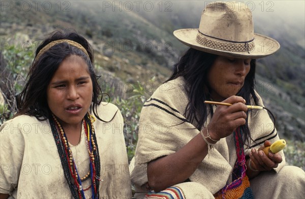 COLOMBIA, Sierra Nevada de Santa Marta, Ika, Ika shepherd sitting beside his sister in the high Sierra. He applies powdered lime from a small poporo gourd to a wooden palo stick which he then inserts into a wad of coca leaves in his cheek. The lime acts as a catalyst for the cocaine alkaloid in the chewed leaves which in turn give him sustenance energy and relief from hunger and cold Arhuaco Aruaco indigenous tribe American Colombian Colombia Hispanic Indegent Latin America Latino South America  Arhuaco Aruaco indigenous tribe American Colombian Columbia Hispanic Indegent Latin America Latino South America Farming Agraian Agricultural Growing Husbandry  Land Producing Raising Immature Agriculture Young Unripe Unripened Green