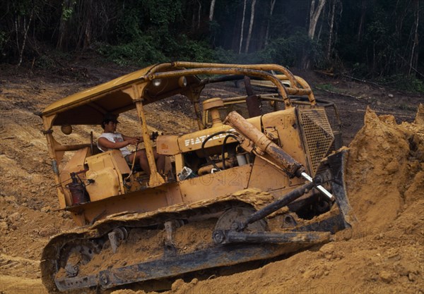 BRAZIL, Mato Grosso, Peixoto de Azevedo, "Bulldozer opening road through deforested area,now a garimpo gold mine in former Panara territory.Garimpeiro settlers have displaced the Panara Indians formally known as Kreen-Akrore  Krenhakarore  Krenakrore  Krenakarore  Amazon displaced people American Brasil Brazilian Ecology Entorno Environmental Environnement Green Issues Kreen Akrore Latin America Latino Scenic South America  "