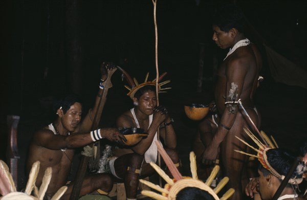 COLOMBIA, North West Amazon, Tukano Indigenous People, "Barasana shamans wearing crowns of royal crane toucan and macaw feathers, white glass bead necklaces,some elders wear ancient quartz pendants.  Elders chant to the world of the ancestors Bosco the headman distributes refined coca powder amongst elders and shamans. Tukano sedentary Indian tribe North Western Amazonia American Classic Classical Colombian Columbia Hispanic Historical Indegent Latin America Latino Older Religion South America Tukano History Religious "